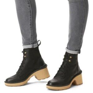 SOREL Hi-Line Lace-Up Lug Platform Heel Combat Boots Black Leather US 7.5